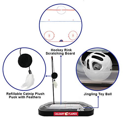 Pets First NHL Calgary Flames 5-in-1 Cat Scratching Toy with Interactive Cat Ball, Bell and Track - color: Calgary Flames