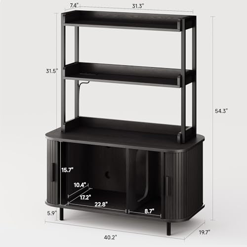 ONBRILL 54 Inch Hidden Litter Box Furniture with Shelves and Outlets,Fluted Cat Litter Box Enclosure, Mid-Century Modern Wooden Cat House with Sliding Tambour Door and Hooks, Black - color: Black