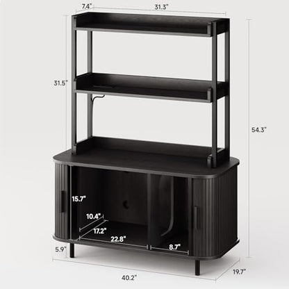 ONBRILL 54 Inch Hidden Litter Box Furniture with Shelves and Outlets,Fluted Cat Litter Box Enclosure, Mid-Century Modern Wooden Cat House with Sliding Tambour Door and Hooks, Black - color: Black