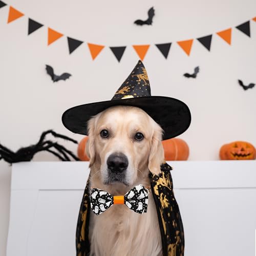 Halloween Dog Collar with Bowtie, Holiday Adjustable Ghost Print Collar with Sturdy Buckle, 3 Sizes for Small Medium Large Dogs Pets Puppies - color: Chasing Ghosts, size: Small-(11"-17") Neck * 5/8" Wide