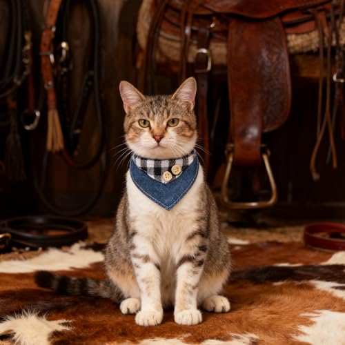 SCENEREAL Breakaway Cat Collar with Bell & Bandana, Cute Kitten Collar Suitable for Large Big Cats, Black Plaid - color: Black Plaid