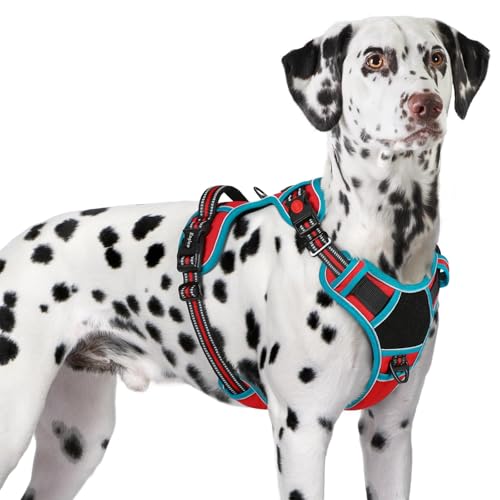Dog Harness for Large Dogs, Easy Wearing with 3 Buckles, Adjustable No Pull Pet Harness with 2 Rings for Walking, No Chock Reflective Soft Padded Vest with Control Handle, Red & Teal, XL - color: Red & Teal, size: X-Large