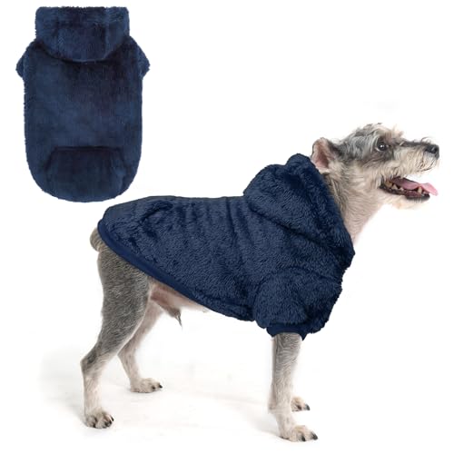 SCENEREAL Fleece Dog Sweaters Hoodie for Small Medium Large Dogs Girls Boys, Plush Fuzzy Dog Clothes Hoodies with Leash Hole, Winter/Fall Puppy Cold Weather Coat, Sherpa Hooded Sweatshirt, Navy S - color: Navy, size: Small