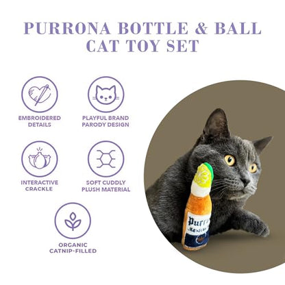 Haute Diggity Kitty Purrrona Beer Bottle & Ball Set, Plush Cat Toys Catnip Filled with Interactive Crackle Sound, Safe & Durable Toys for Cat & Kitten, 2 Pcs - style: Purrona Bottle + Ball