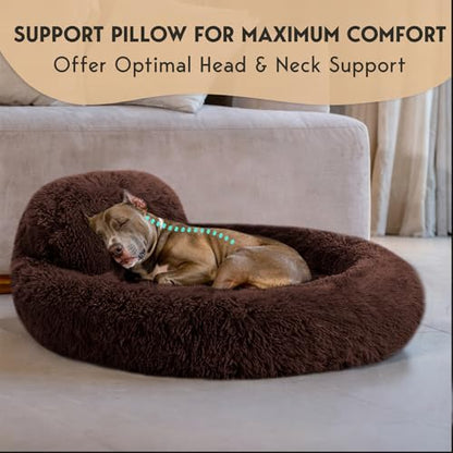 PetJett Dog Beds Large Sized Dog - 36'' Calming Round Bed, Anti-Slip & Washable Super Soft Donut Bed, Fluffy Faux Fur Anti-Anxiety Premium Comfort Pet Bed, Fits Dogs up to 80 lbs - Brown - color: Brown, size: Large - 36”L x 36”W x 8”Th