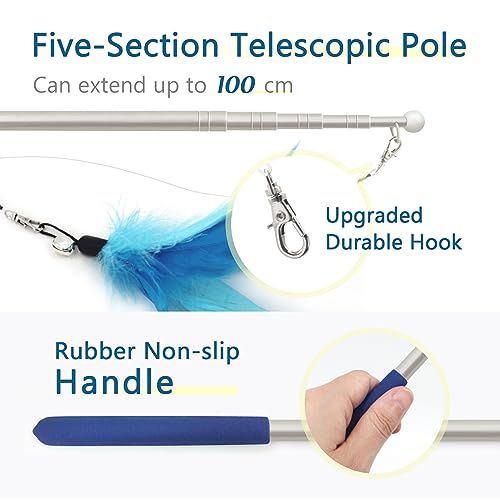 Cat Feather Toys Wand - 7 Pcs Interactive Cat Toys for Indoor Cat Kitten, Retractable Cat Wand Toy with 6 Feather Teaser Refills with Bell, Cat Fishing Pole Toy, Blue - color: Blue