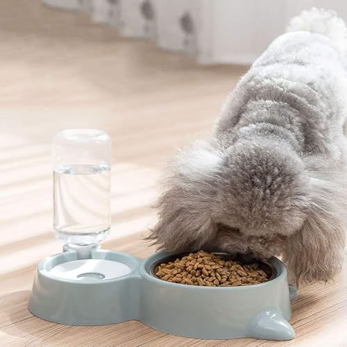 Double Dog Cat Bowls, Pets Water and Food Bowl Set with Detachable Stainless Steel Bowl, Automatic Water Dispenser Bottle No-Spill Pet Feeder for Cats Puppy and Small Dogs (Gray) - color: Gray