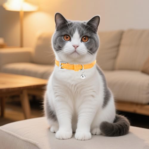 PUPTECK 2 PCS Soft Genuine Leather Cat Kitten Collar with Bells Adjustable for Girl Boy Cats Puppy - Yellow, Teal - color: Yellow&Teal