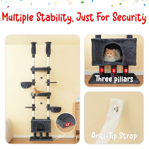 Cat Tree, Floor to Ceiling Cat Tower Adjustable Height [92.9-102.4in=235-258cm], 7 Tiers Cat Climbing Play House with Scratching Post, Cozy Condo&Hammocks for Indoor Cats, Smoky Grey - color: Smoky Grey