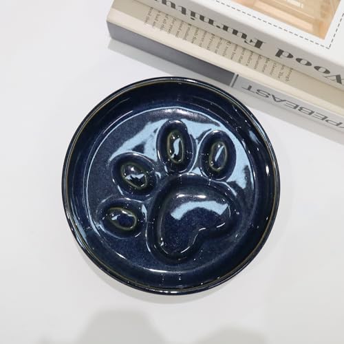 Ceramic Slow Feeder Bowl, 6.69 x 5.7 inches, Elevated Design with Paw Pattern, for Cats and Small Dogs (Dark Blue) - color: Dark Blue