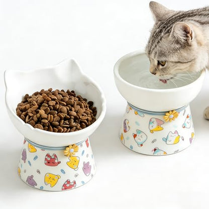 Elevated Ceramic Cat Bowls, 15°Raised Cat Food Bowl, Whisker Friendly Anti Vomiting Cats Dishes, Anti Vomiting & Protect Pet's Spine, Feeder Dish for Indoor Kitty and Small Dogs (Cat Pattern) - color: Cat pattern