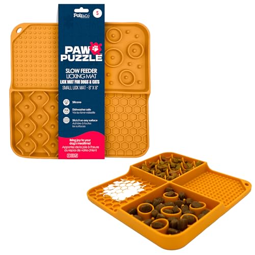 Palz&Co Paw Puzzle 2-in-1 Slow Feeder & Lick Mat for Dogs and Cats, Dry and Wet Food, Dishwasher Safe Silicone, Small 8"x8", Orange - size: Small