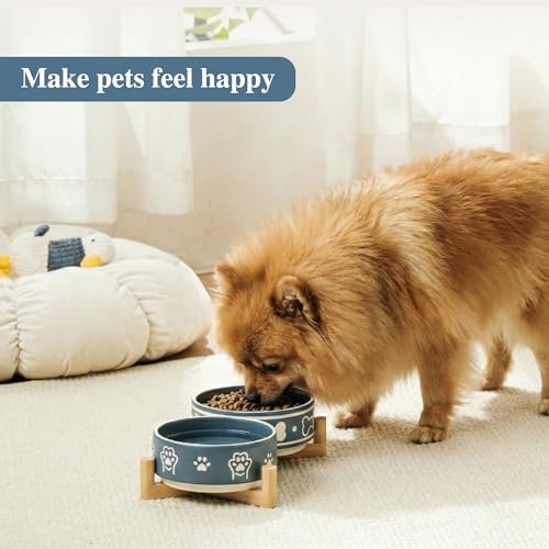Dafuceramic Dog Bowls Set with Stand, 1.5 Cups Ceramic Puppy Bowls for Dogs, Dual Dog Food and Water Bowls with Bone Pattern,Weighted Non-Slip Base (S-1.5 Cups)
