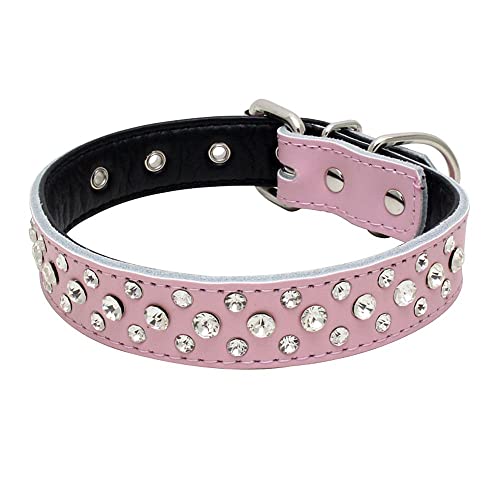 Rhinestones Dog Collar, Adjustable Sparkly Crystal Studded Genuine Leather Pet Dog Collar for Small and Medium Dogs (S, Pink) - color: Pink, size: Small
