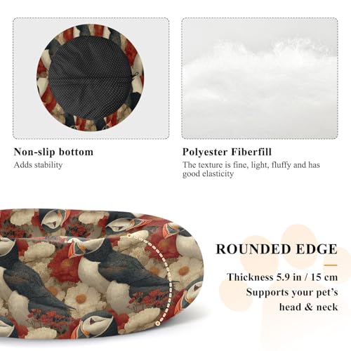 Calming Donut Dog Bed Blossom Puffins Design, 22" Washable Pet Lounger with Removable Cover, Cozy Cushion Comfort Nest for Medium Dogs - size: Medium