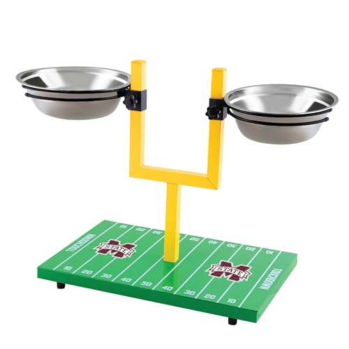 NCAA Mississippi State Bulldogs Goalpost Football Field Dog Feeder – Adjustable Elevated Dog Bowls with Stand, 2 Stainless Steel Bowls, Non-Slip Rubber Feet, Raised Pet Feeder for Large & Small Dogs - color: Mississippi State Bulldogs