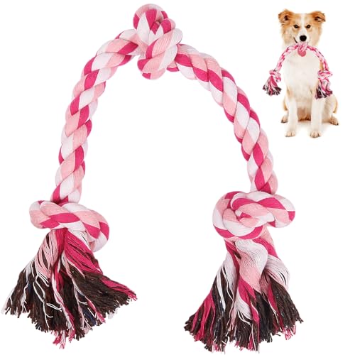 SZEE Dog Rope Toys, 24 in 3 Knots Chew Rope for Small, Medium and Large Dogs, Natural Cotton Pet Pull Toy for Tug of War and Teeth Cleaning, Fits Valentine’s Day Vibe (Pink) - color: Pink, size: Medium