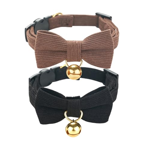Soft Corduroy Cat Collar, Plaid Pattern, with Bell and Bowtie, Quick Release,Safety Breakaway Clasp, Adjustable for Kitten and Cats.(Black+Brown) - color: 2 Pack (Black+Brown)