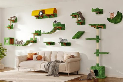 Cat Wall Shelves with Cat Tree, 26-in-1 Wall Mounted Pet Furniture with 40''L Tunnel, Scratching Posts, House, Step and Floating Bridge, Cat Climbing Wall Systems with 63'' Cats Tower, Green - color: Green, size: 26-in-1
