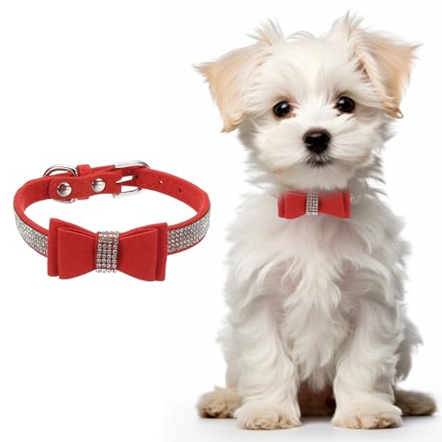 Cute Dog Collar with Bling Rhinestone, Bling Dog Collar Adjustable Leather Diamond Sparkling Jewel Accessories 15", (Red), Intended for Teacup/Cat/Small Medium Large Pet - color: Red, size: 15 Inch
