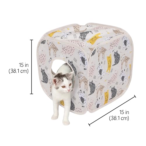 Kitty City Cat Print Pop-Up Play Cube, Collapsible Indoor Hideout with Peekaboo Openings, Lightweight Foldable Cube for Play & Lounging, Pink - color: K) Cat Print Cube House (Pink)