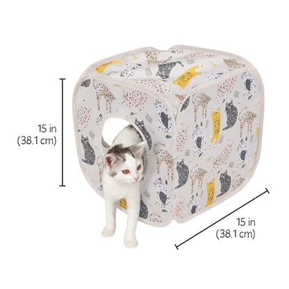 Kitty City Cat Print Pop-Up Play Cube, Collapsible Indoor Hideout with Peekaboo Openings, Lightweight Foldable Cube for Play & Lounging, Pink - color: K) Cat Print Cube House (Pink)