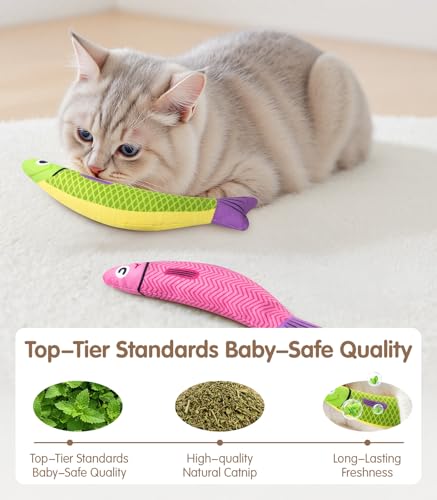PetBusy Cat Toys with[5000mg A+Natural Catnip &Silvervine] [Baby Grade] Interactive Soft Chew Kicker Cat Toys for Indoor Cats & Kittens, [Crinkle &Bell] Fish Sound Toy, Drives Bored Cat Crazy with Fun - color: Green+Pink