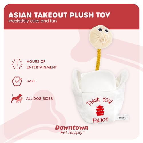 Downtown Pet Supply Chinese Takeout Plush Dog Toy – Crinkle Takeout Box with Squeaky Dumpling Rope | Interactive Hide & Seek Tug Toy for Small, Medium & Large Dogs - style: Asian Takeout