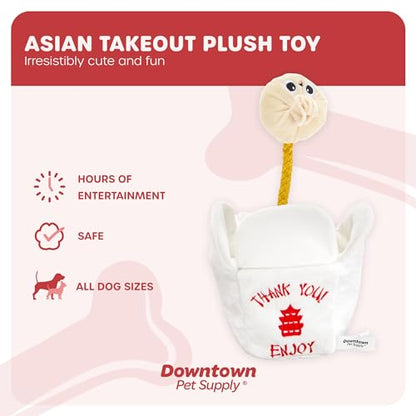 Downtown Pet Supply Chinese Takeout Plush Dog Toy – Crinkle Takeout Box with Squeaky Dumpling Rope | Interactive Hide & Seek Tug Toy for Small, Medium & Large Dogs - style: Asian Takeout