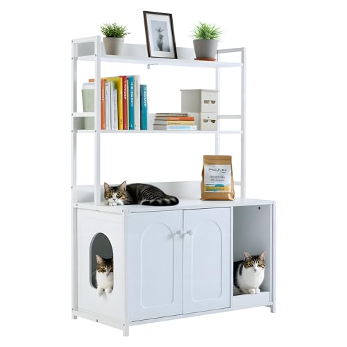 Garvee Cat Litter Box Enclosure with Shelves, 52'' Large Hidden Cats Furniture for Most Litter Box, Wood Enclosed Dog Proof Cat Kitty Cabinet with Scratch Mat White - color: White-1