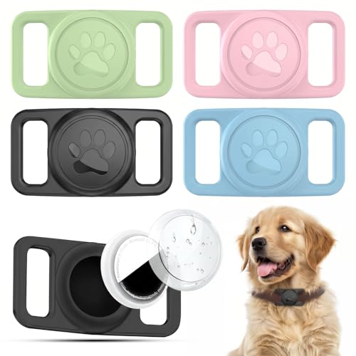 Linsaner [4 Pack] Waterproof Dog Collar Holder for AirTag 1st & 2nd Gen, No Dangle Silicone Case for Apple for Air Tag, Full Cover GPS Tracker Protective Accessories for Pet Puppy Cat, Multicolor - color: A81-Black/Pink/Teal Green/Light Blue