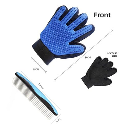 Deshedding Glove & Detangling Comb Set for Dogs Cats - Grooming Brush for Shedding, Bathing, Bonding, Small Animals & Horses - Right Hand Use (Blue)