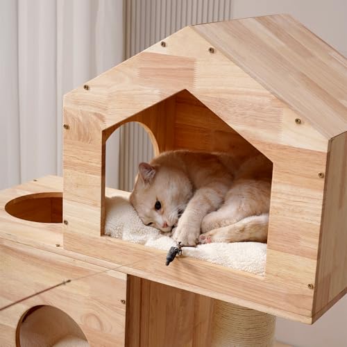 SHENGOCASE Modern Real Solid Rubber Wood Large Cat Tree Tower Castle with Big Enclosed Bed, House Condo, Scratching Post and Sisal Scratcher with Ladder for Multiple Cats