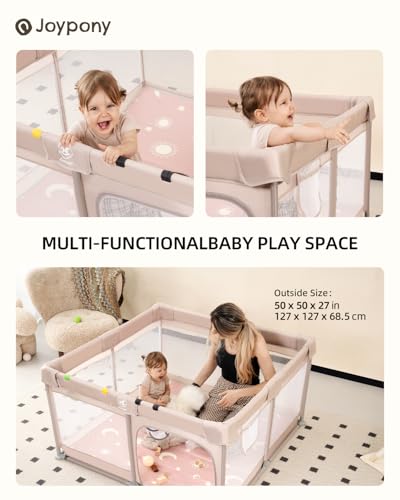 Joypony Baby Playpen with Mat, 50x50 in Small Play Pen for Babies, Toddler Playpen for Apartment, Indoors Play Yard with Soft Breathable Mesh (Beige with Mat) - color: Beige with Mat