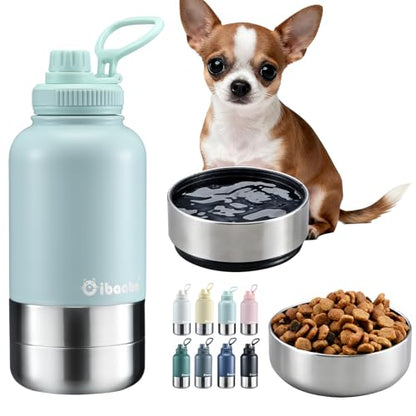 Cibaabo Insulated Dog Water Bottle with 2 Bowls, 32oz Travel Stainless Steel Double Wall Thermos, Portable Pet Dispenser, Gifts for Puppy Small Medium Dogs Walking Hiking and Camping - color: Mint Green