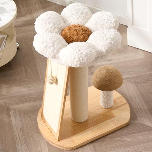 HITTITE Solid Wood Cat Tree Tower, Cat Scratching Post with Bed, 27" Small Flower Cat Tree, Compact Cat Tower with Scratching Pad and Cat Bed, Mushroom Modern Cat Tower for Indoor Cats Large Adult. - color: Flower Cat Bed