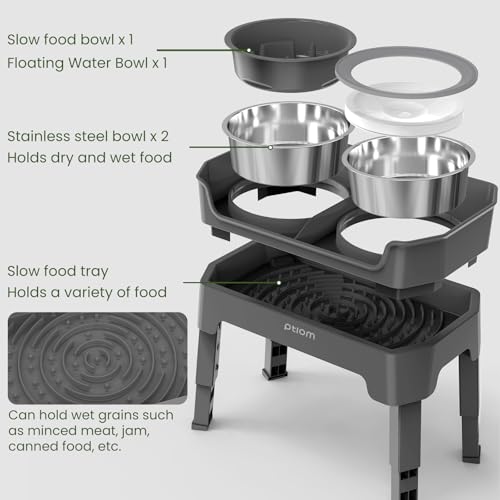 4-in-1 Elevated Slow Feeder Dog Bowls, 4 Height Adjustable Mess Proof Raised Dog Bowl Stand with No Spill Water Bowl, Stainless Steel Doggy Food Dish & Slow Feeder for Large Medium Small Pets - color: Grey, size: Water Bowl + Stainless Steel Bowl + Slow F