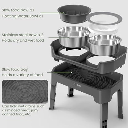 4-in-1 Elevated Slow Feeder Dog Bowls, 4 Height Adjustable Mess Proof Raised Dog Bowl Stand with No Spill Water Bowl, Stainless Steel Doggy Food Dish & Slow Feeder for Large Medium Small Pets - color: Grey, size: Water Bowl + Stainless Steel Bowl + Slow F