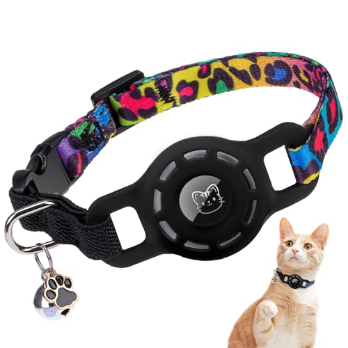 BINGPET AirTag Cat Collar with Bells, Upgraded Safety Elastic Cat Collar with Airtag Cat Collar Holder, Anti-Lost Cat Collars for Cats, Anti-Suffocation Kitty Puppy Collars - color: Leopard Print