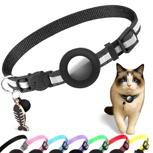AirTag Cat Collar Breakaway with Apple Air Tag Holder & Bell - Reflective Adjustable Kitten Collar, Lightweight Nylon Safety Release Buckle for Boy Girl Cats, Indoor Outdoor (Fits 8-11 in) - color: Black With Fish tag