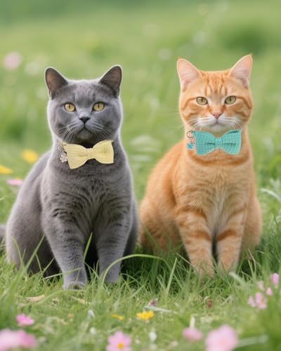 Cat Collar Breakaway with Bells, Soft Cotton Cat Bowtie Collar for Girl Boy Cats, Small Cats Collar with Bow for Spring Summer, 2 Pack Cute Kitten Collars with Removable Bowtie 8-12Inch - color: Green + Beige