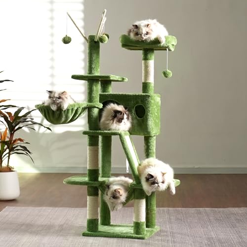 Hey-brother Cat Tree, 53 inch Cat Tower for Indoor Cats, Cat House with Padded Platform Bed, Toy Balls, Large Cozy Condo, Hammocks and Sisal Scratching Posts, Green MPJ019-SGR - color: Green