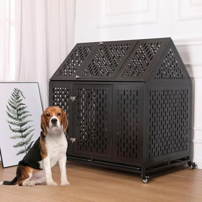 44 inch Heavy Duty Indestructible Dog Crate, Steel Escape Proof Chewproof Impact Double Door Dog Kennel for Large Medim Dogs with Wheels and Trays, High Anxiety Large Dog Cage, XL - size: 43.3"L x 29.7"W x 46.3"H
