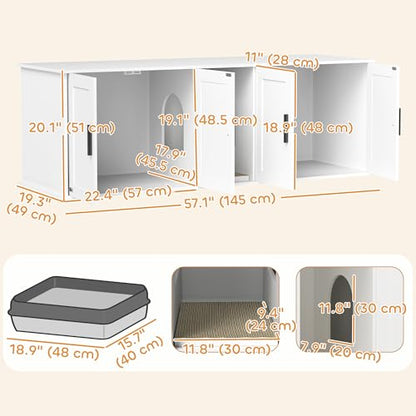 PawHut Cat Litter Box Enclosure for 2 Cats, Hidden Litter Box Furniture with Double Room, Scratching Mat, Kitty Washroom Furniture, 57" x 19" x 20", White