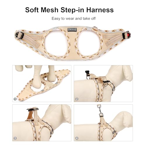 Mercano Soft Mesh Dog Harness and Leash Set, Step-in Reflective Breathable Lightweight Vest Harnesses with Safety Buckle for Small Dogs, Cats (Beige, M) - color: Beige, size: M (Chest: 15.2"-17.5")