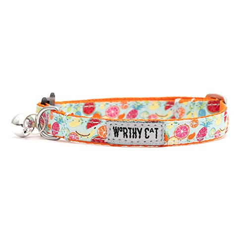 THE WORTHY DOG Tutti Frutti Cat Collar with Bell, Adjustable Nylon Safety Collar, Blue, One Size - color: Blue-Tutti Frutti