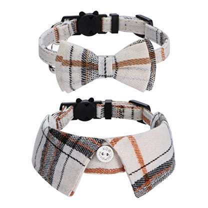 Faleela 2 Pack/Set Cat Collar with Cute Bow Tie and Bell,Breakaway Plaid Shirt Collar for Kitty Adjustable Safety - color: 2023new-Beige