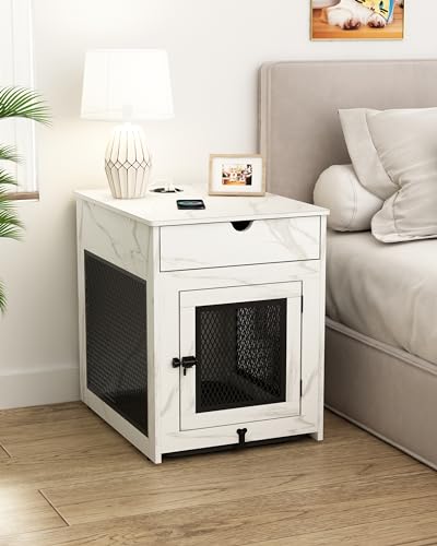 Dog Crate Furniture,Wooden Dog Crate End Table with Storage Drawer&Cushion&Tray, QC3.0 Wireless Charging,Dual USB,Small Dogs Marble White - color: Marble White, size: 25.0"L x 19.0"W x 24.0"H
