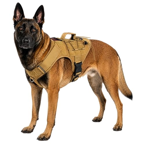 Albcorp Tactical Dog Harness - Heavy Duty, No-Pull Training Vest for Large Breeds, Military Service Dog Vest with Front Leash Clip, Hook & Loop Panels, Padded Handle – Coyote Brown, Large - color: Coyote Brown, size: L (Chest:28.7"-36.6";Neck:16.5"-22.5")