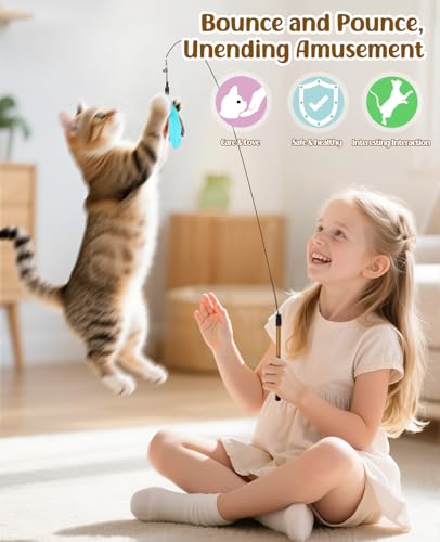 Pawaboo Feather Teaser Cat Toy, Interactive Feather Wand Cats Toy Flying Feathers Cat Catcher with Extra Long 34.5" Wand and Small Bell, Exerciser Playing Toys for Kitten or Cats, Blue + Red Brown - color: Blue + Red Brown